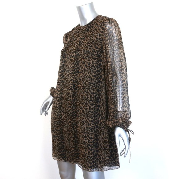 SAINT LAURENT MINI DRESS LEOPARD PRINT SILK CHIFFON SIZE 44 TIE-SLEEVE SHIFT - Picture 4 of 10